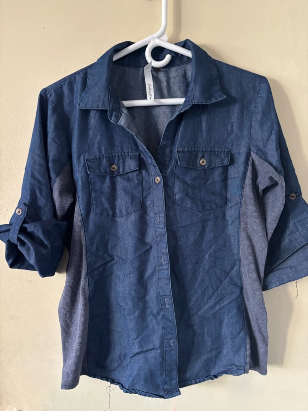 Unlisted Denim-Look Navy Button Front Blouse with Heather Side Panels
